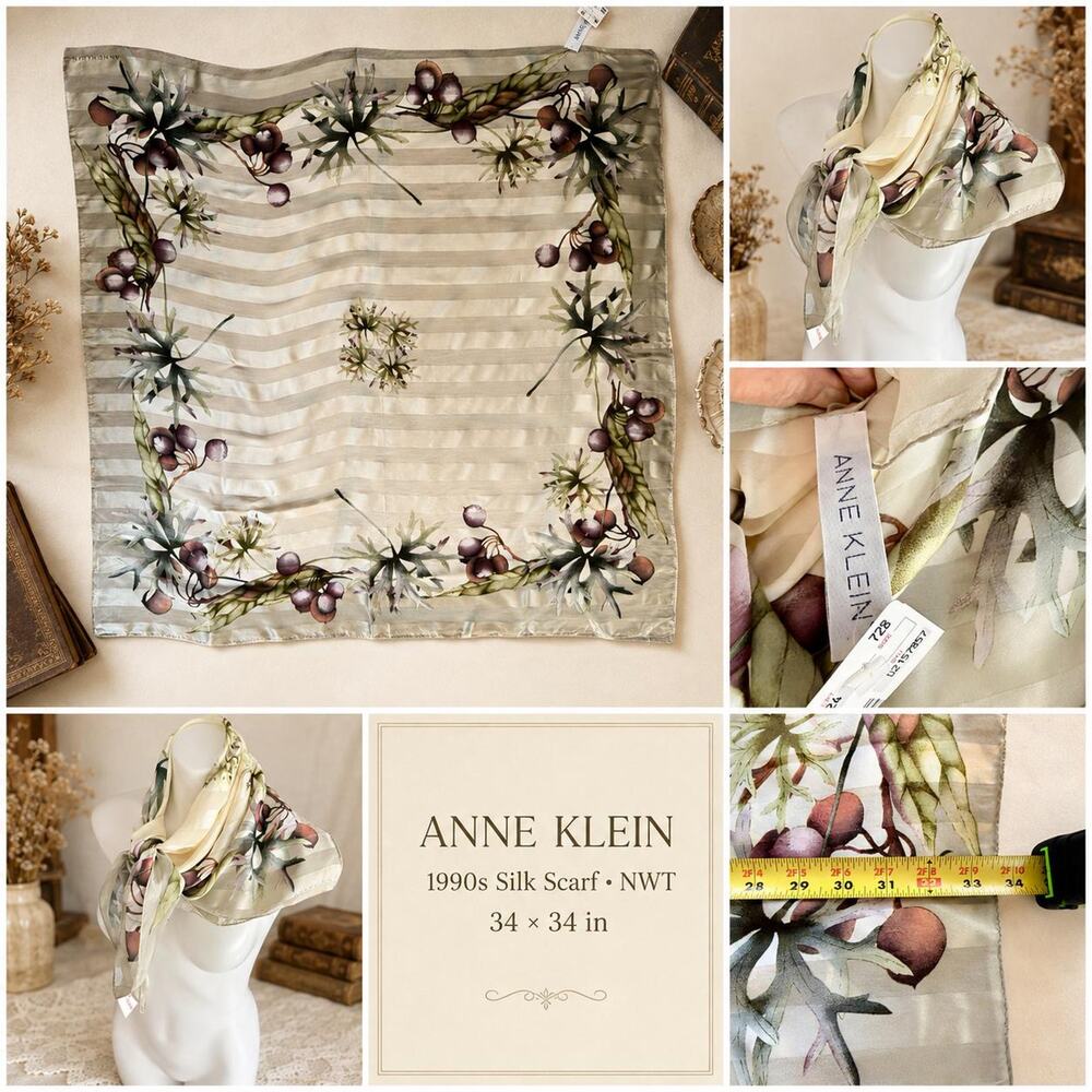 Vintage Anne Klein 1990s Silk Ivory Striped Pomegranate Scarf NWT 34x34 - Picture 3 of 11